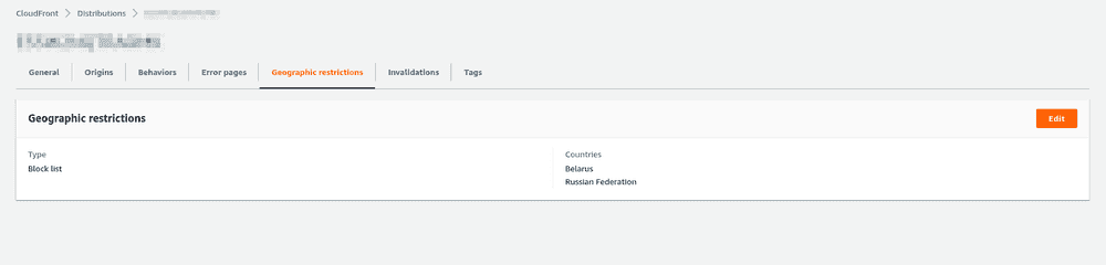 Geographic restrictions page shows Russia and Belarus being blocked